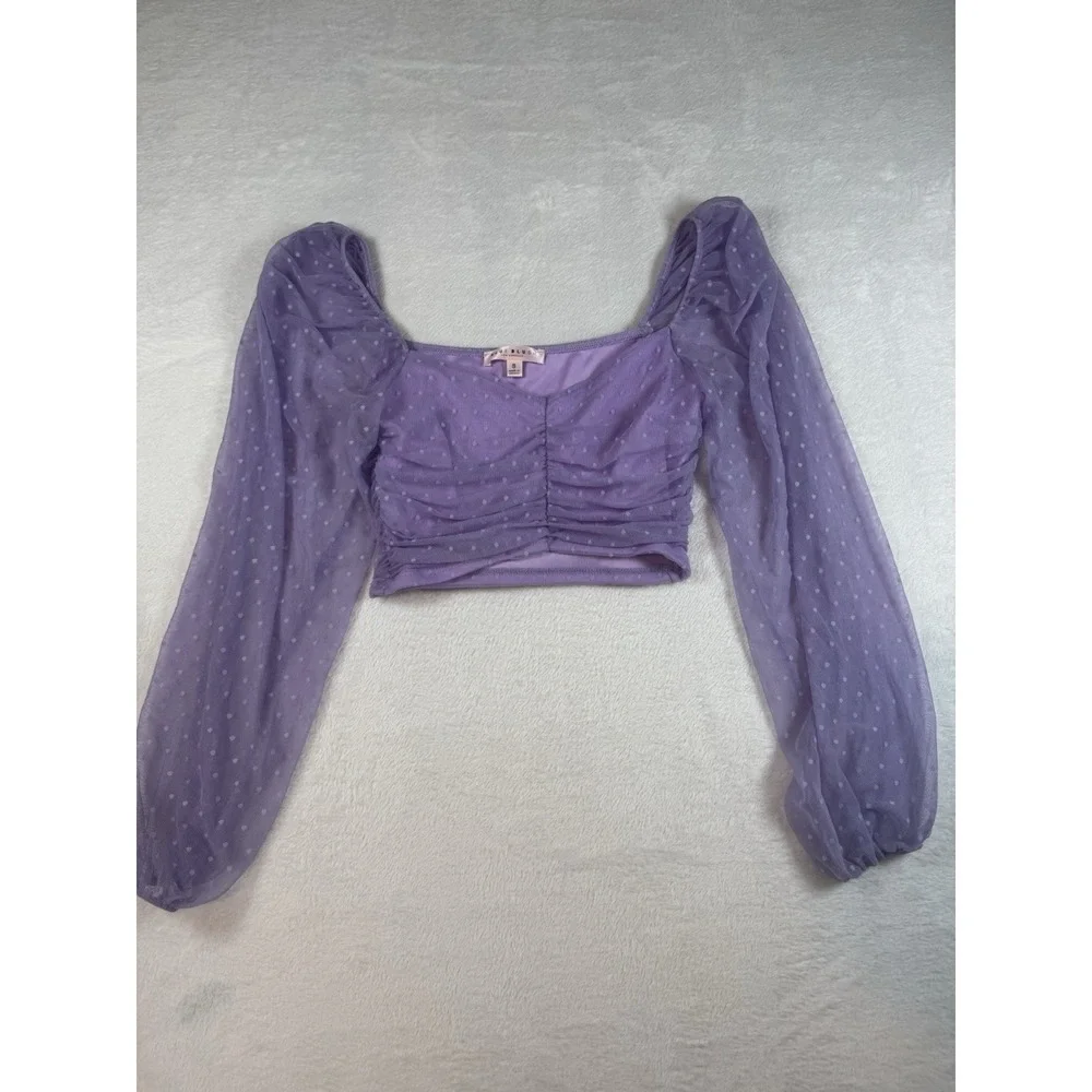 Lavender Mesh Crop Top Puff Long Sleeves Polka Dot Women's Fairycore Coquette Sm